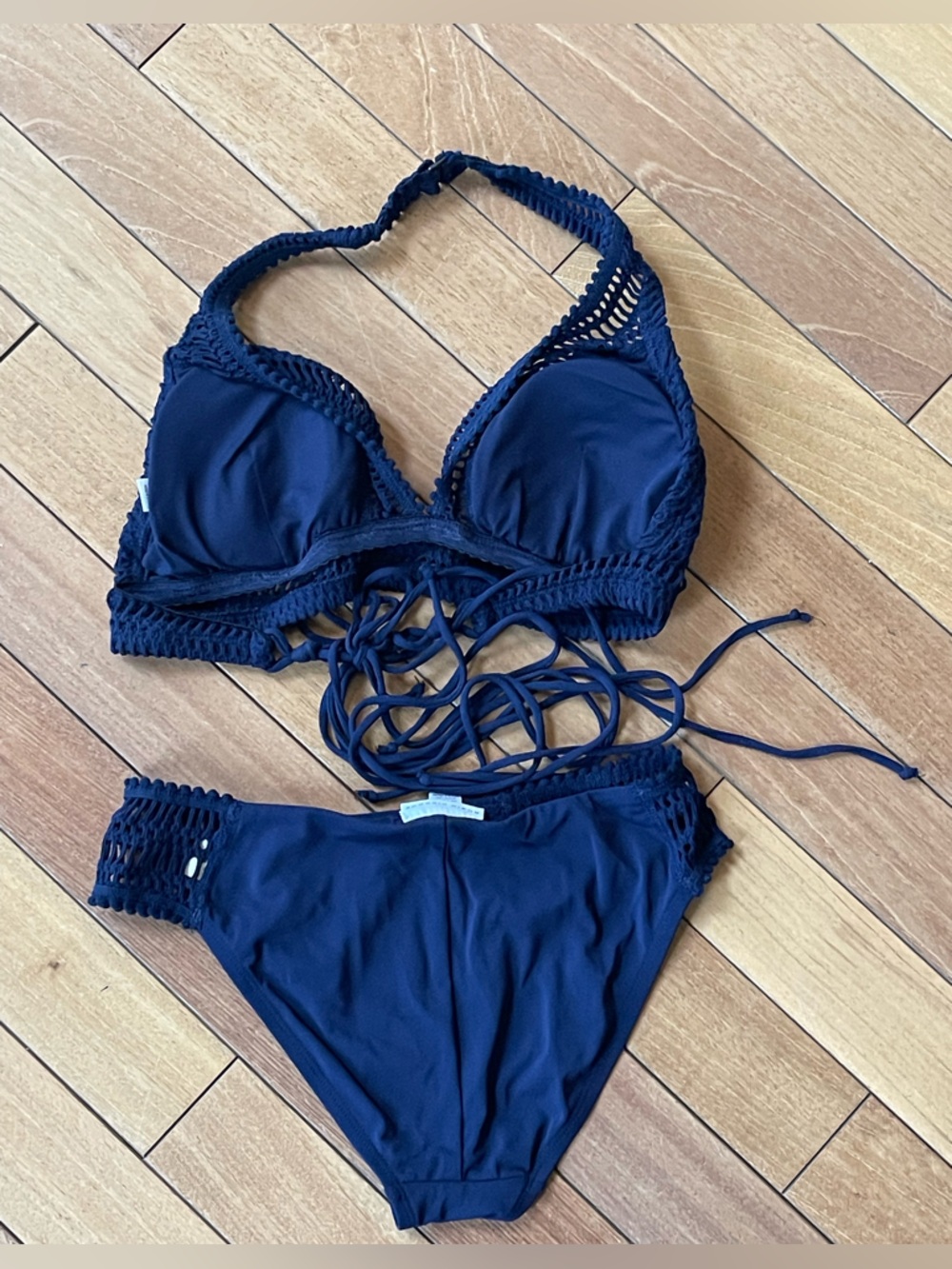 Robin Piccone Sophia Crochet Halter Bikini Set Navy Blue Medium - Picture 7 of 14